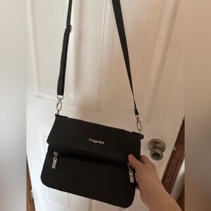 Baggallini dark gray Crossbody Flap Bag with Silver Hardware